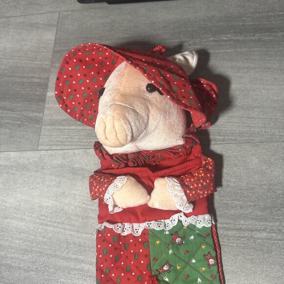 Vintage Smithy Plush Pig Christmas Stocking 18 in Quilted Red Green 80s 90s - Picture 3 of 9